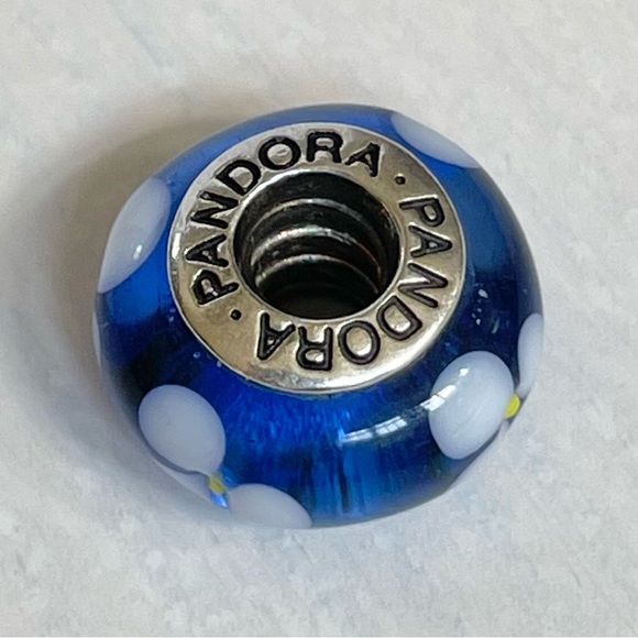 Pandora Blue With White Flowers Murano Charm - Picture 3 of 6
